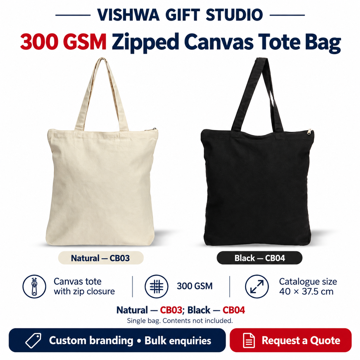 300 GSM Zipped Canvas Tote Bag - CB03 / CB04 - Image 2