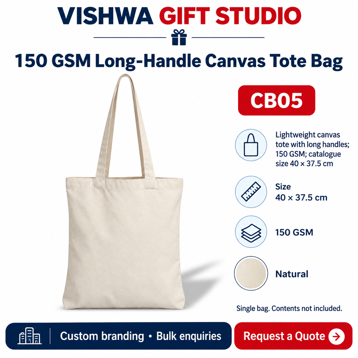 150 GSM Long-Handle Canvas Tote Bag - CB05 - Image 2