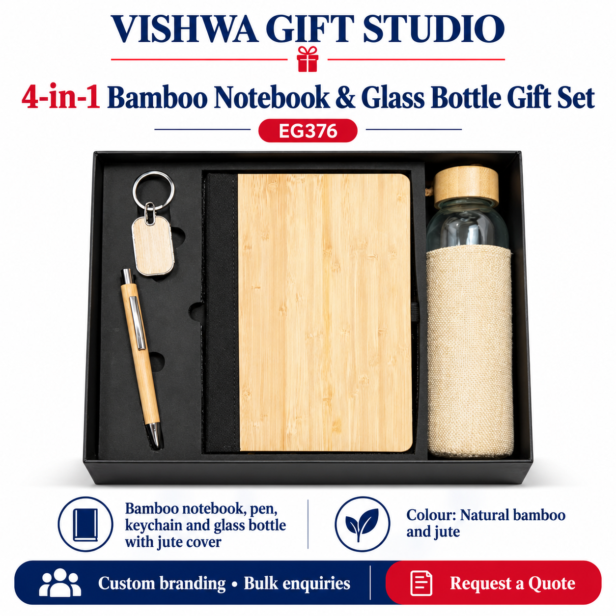 4-in-1 Bamboo Notebook & Glass Bottle Gift Set - EG376 - Image 2