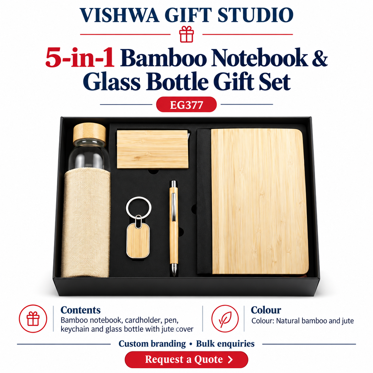 5-in-1 Bamboo Notebook & Glass Bottle Gift Set - EG377 - Image 2