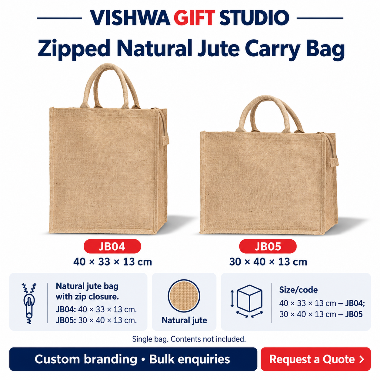 Zipped Natural Jute Carry Bag - JB04 / JB05 - Image 2