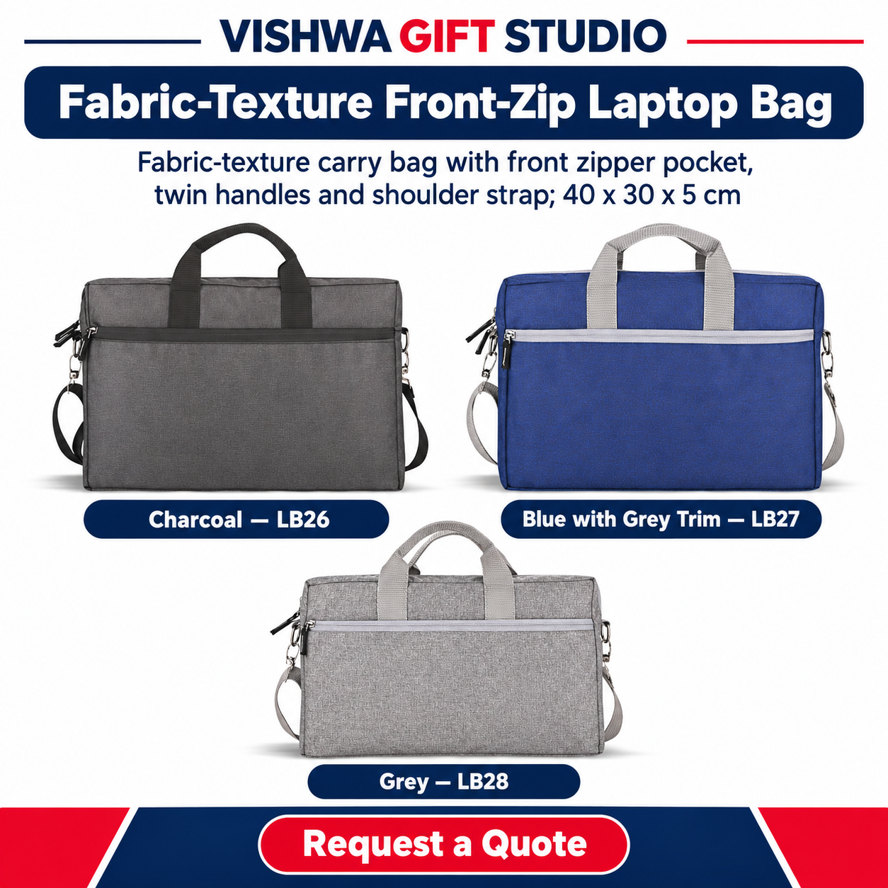 Fabric-Texture Front-Zip Laptop Bag - LB26 / LB27 / LB28 - Image 2