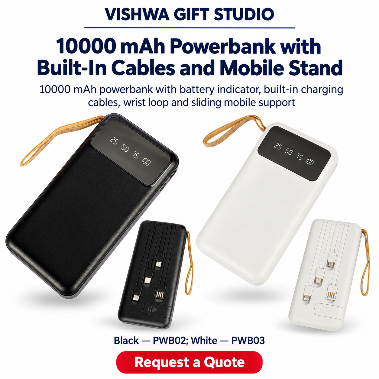 10000 mAh Powerbank with Built-In Cables and Mobile Stand - PWB02 / PWB03 - Image 2