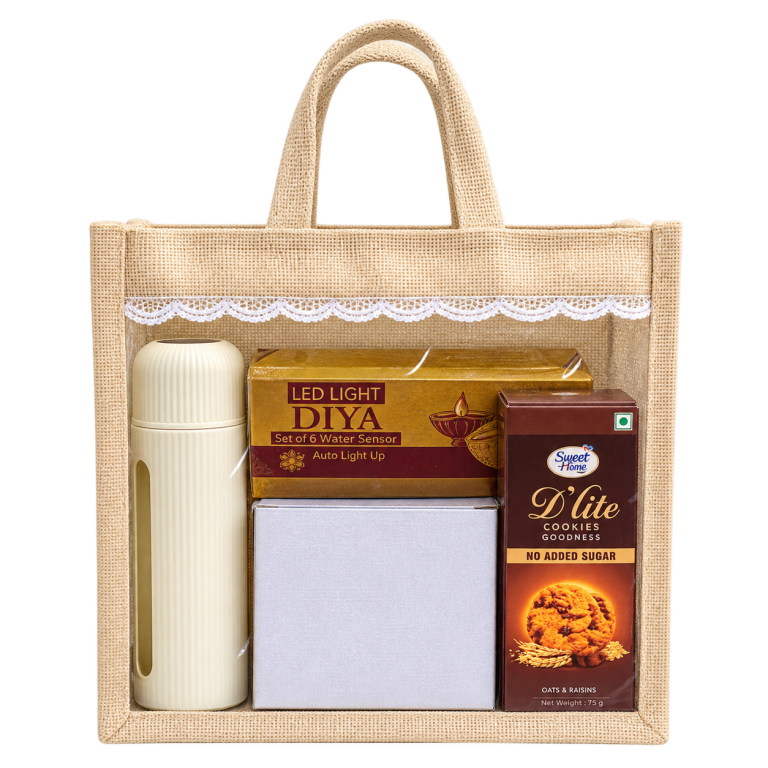5-in-1 Grooved Bottle & Mug Jute Diwali Hamper — DW-Q258