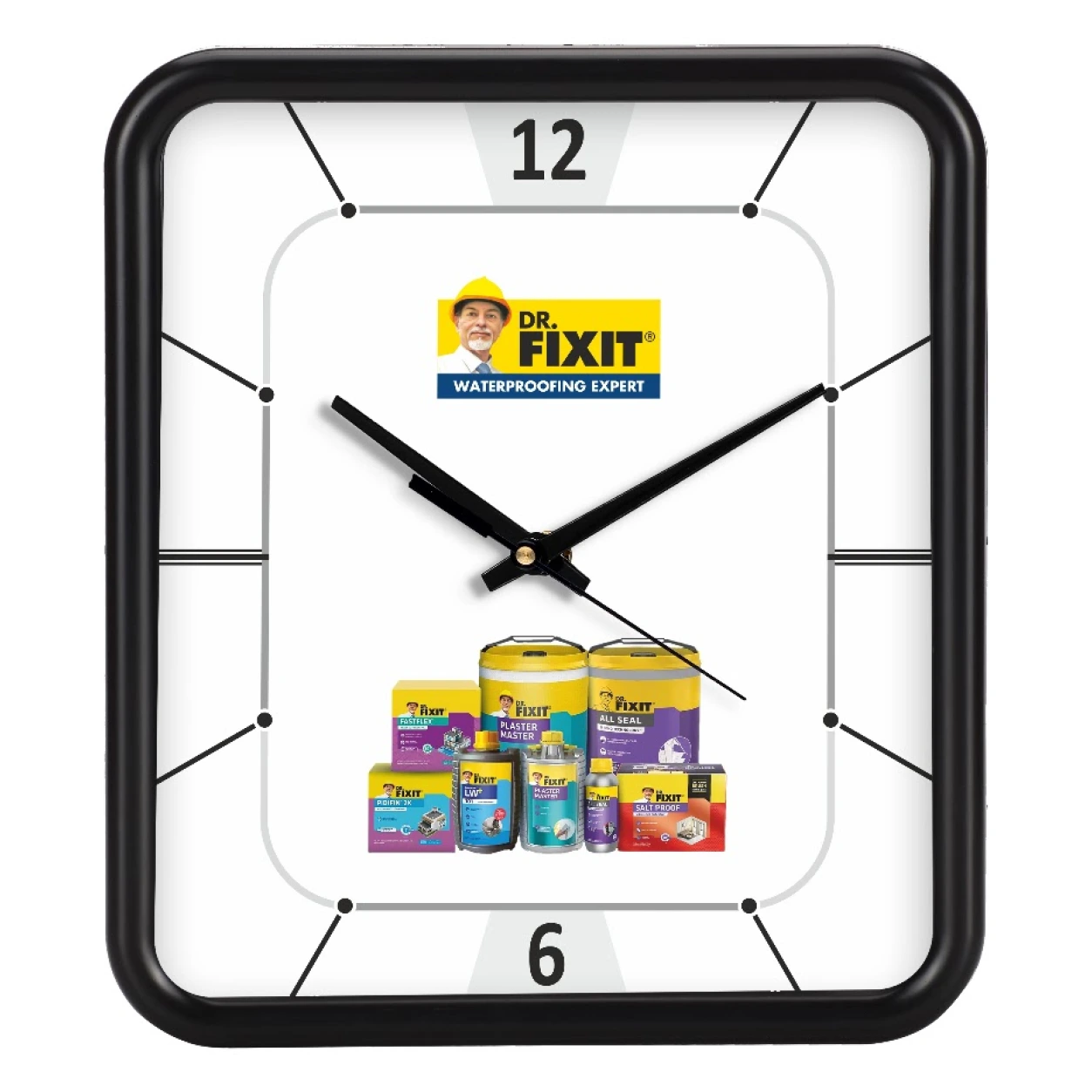 Model 37 rectangular wall clock original photo with Dr Fixit sample branding
