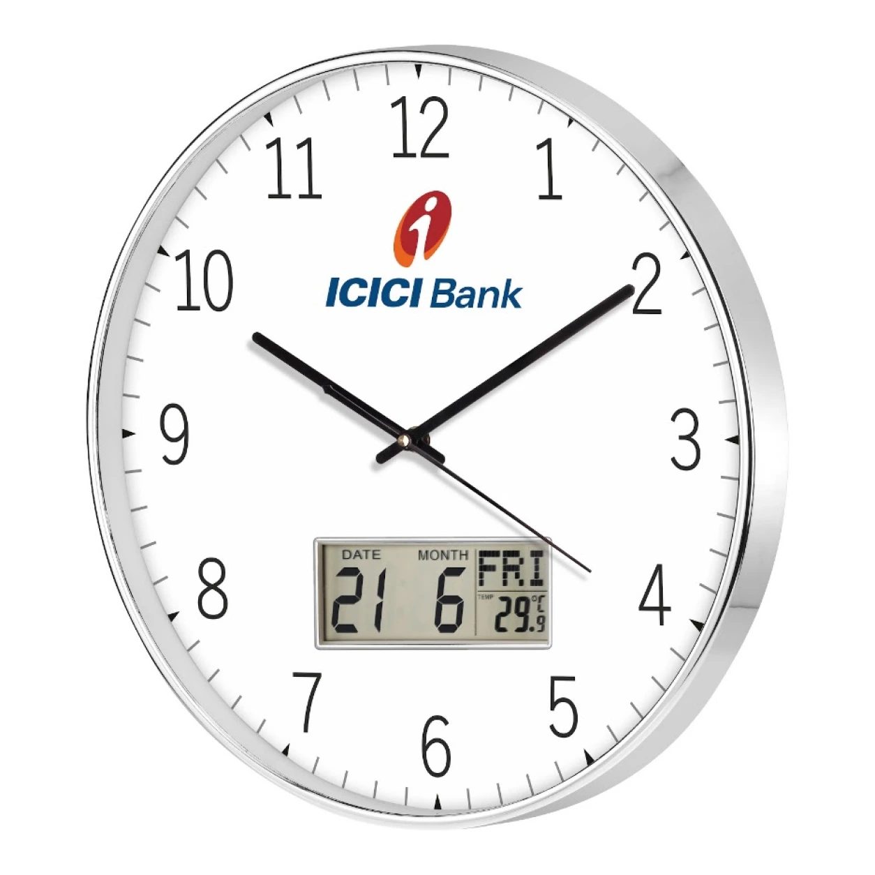 Model 48 wall clock with LCD display original photo and ICICI Bank sample branding