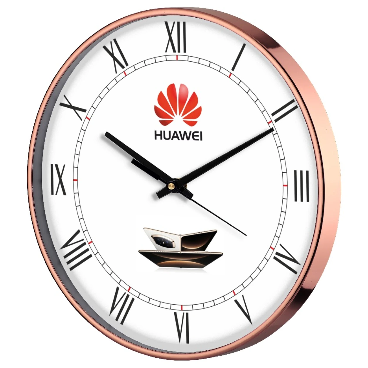 Model 82 rose gold Roman wall clock original photo with Huawei sample branding and phone artwork