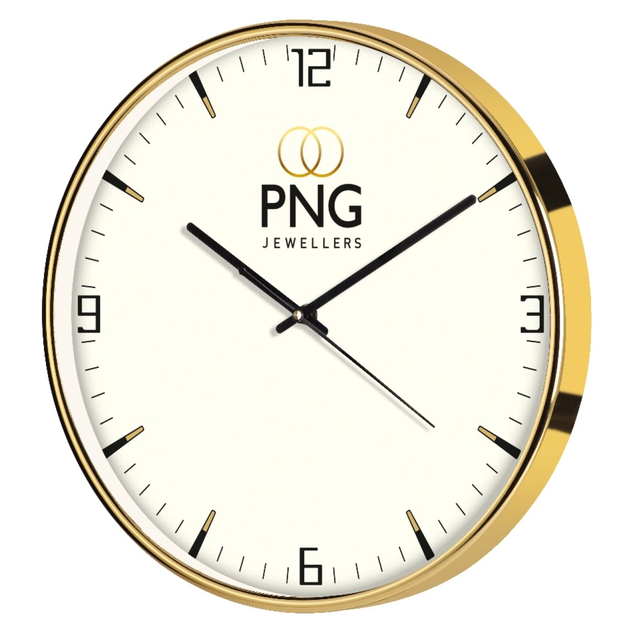 Model 83 gold round wall clock original photo with PNG Jewellers sample branding