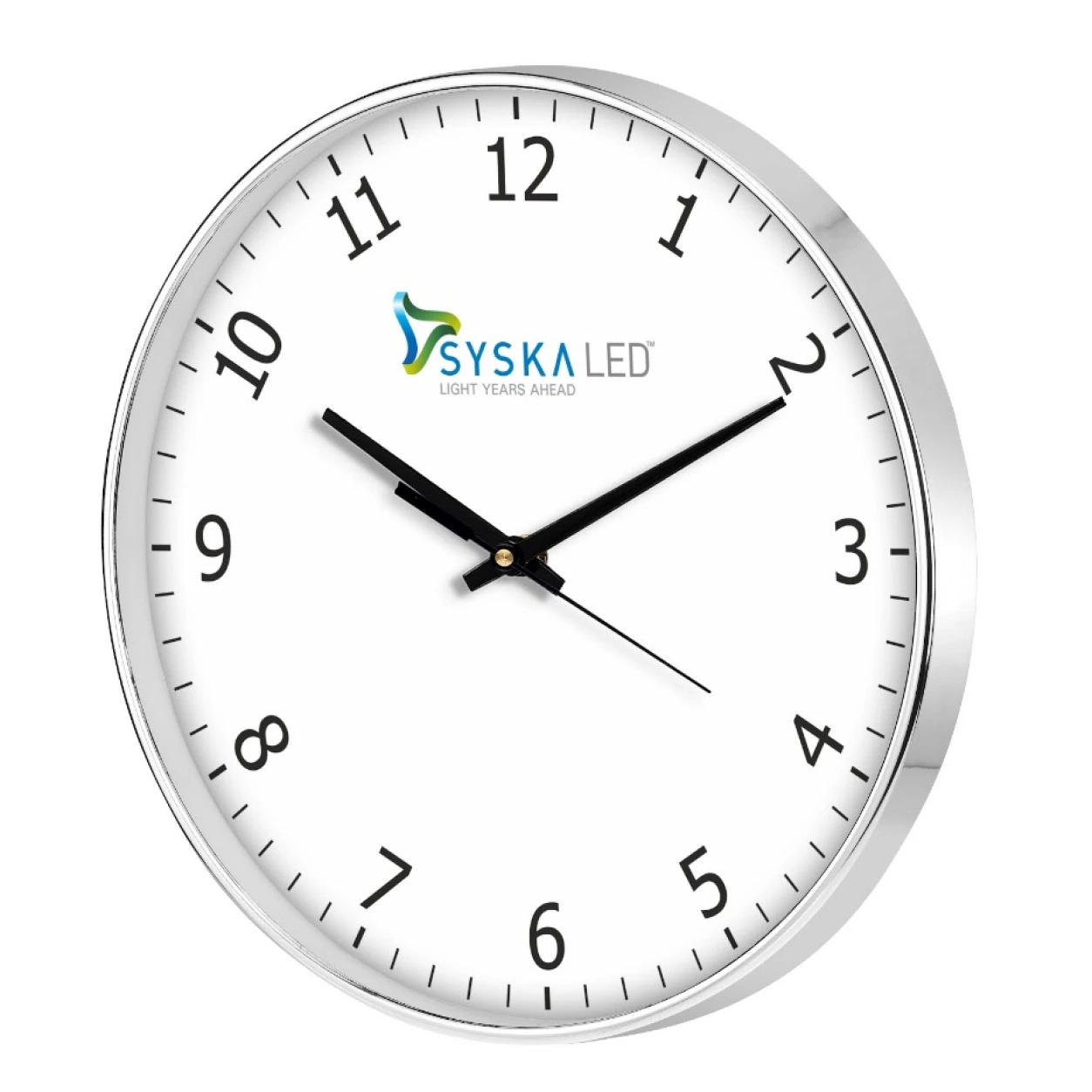 Model 84 silver numeric wall clock original photo with Syska LED sample branding