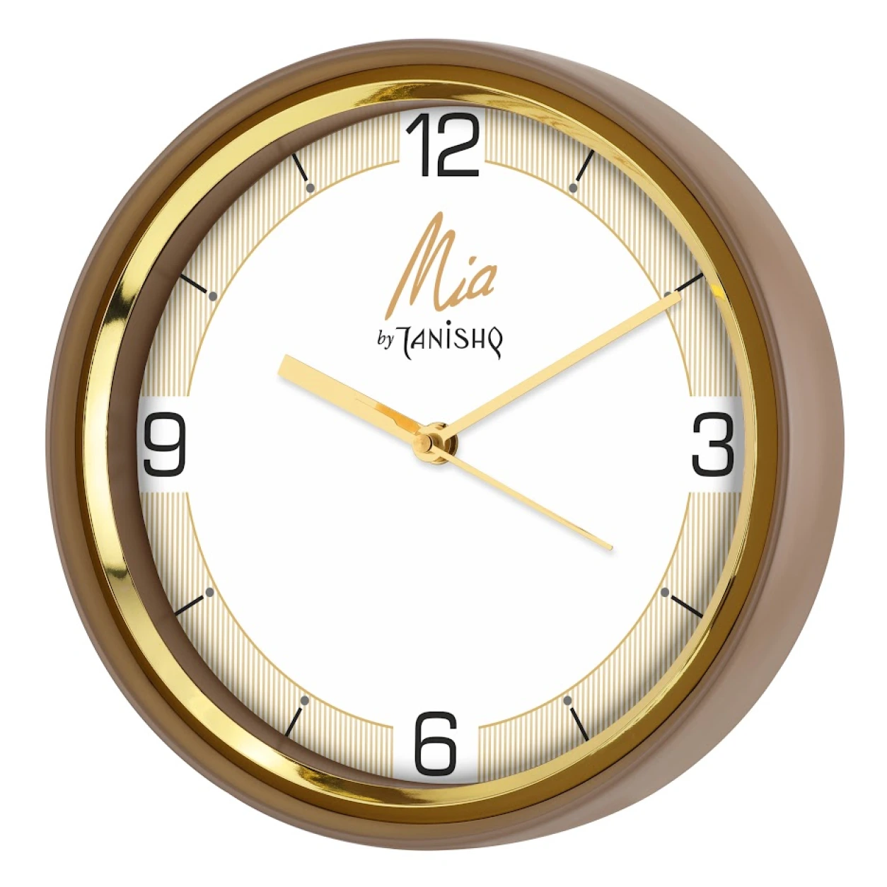 Model 93 taupe gold wall clock original photo with Mia by Tanishq sample branding