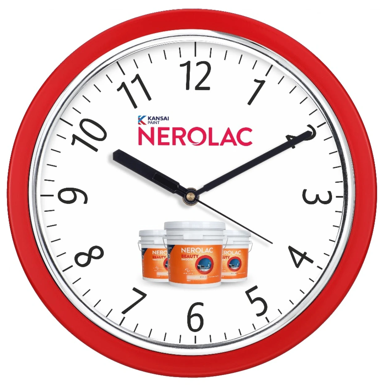 Model 97 red numeric wall clock original photo with Nerolac sample branding and paint cans artwork