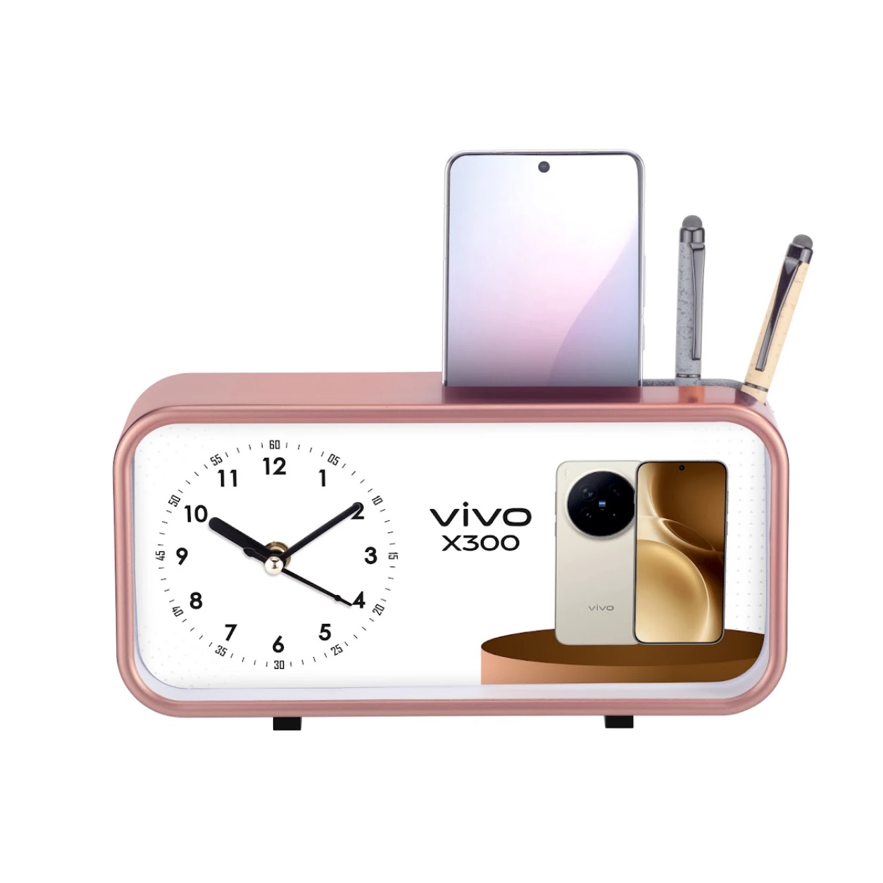 Model 104 table clock with phone and pen holder original photo and Vivo sample branding