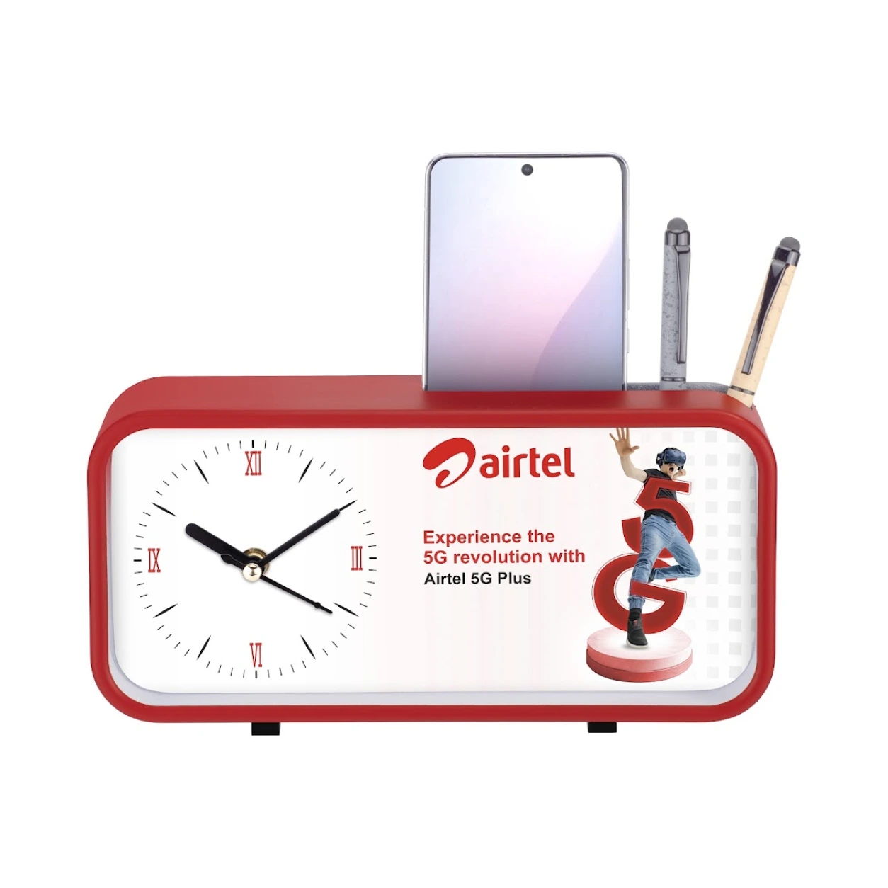 Model 105 table clock with phone and pen holder original photo and Airtel sample branding