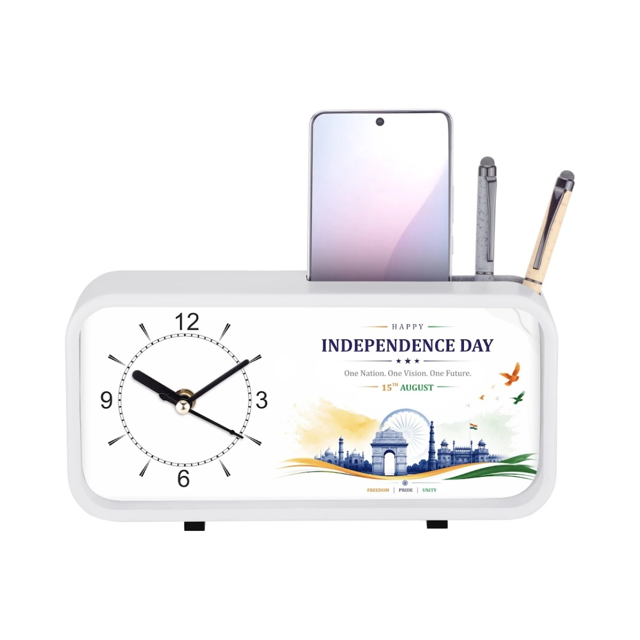 Model 106 table clock with phone and pen holder original photo and Independence Day sample artwork