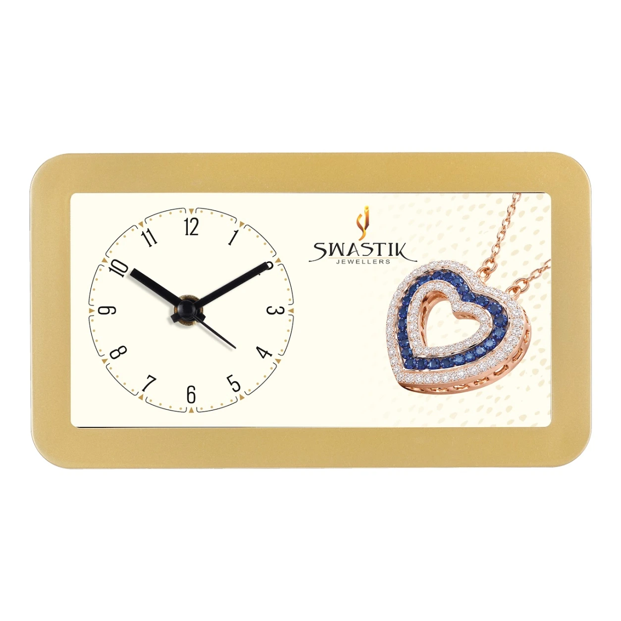 Model 108 gold rectangular table clock original photo with Swastik Jewellers sample artwork