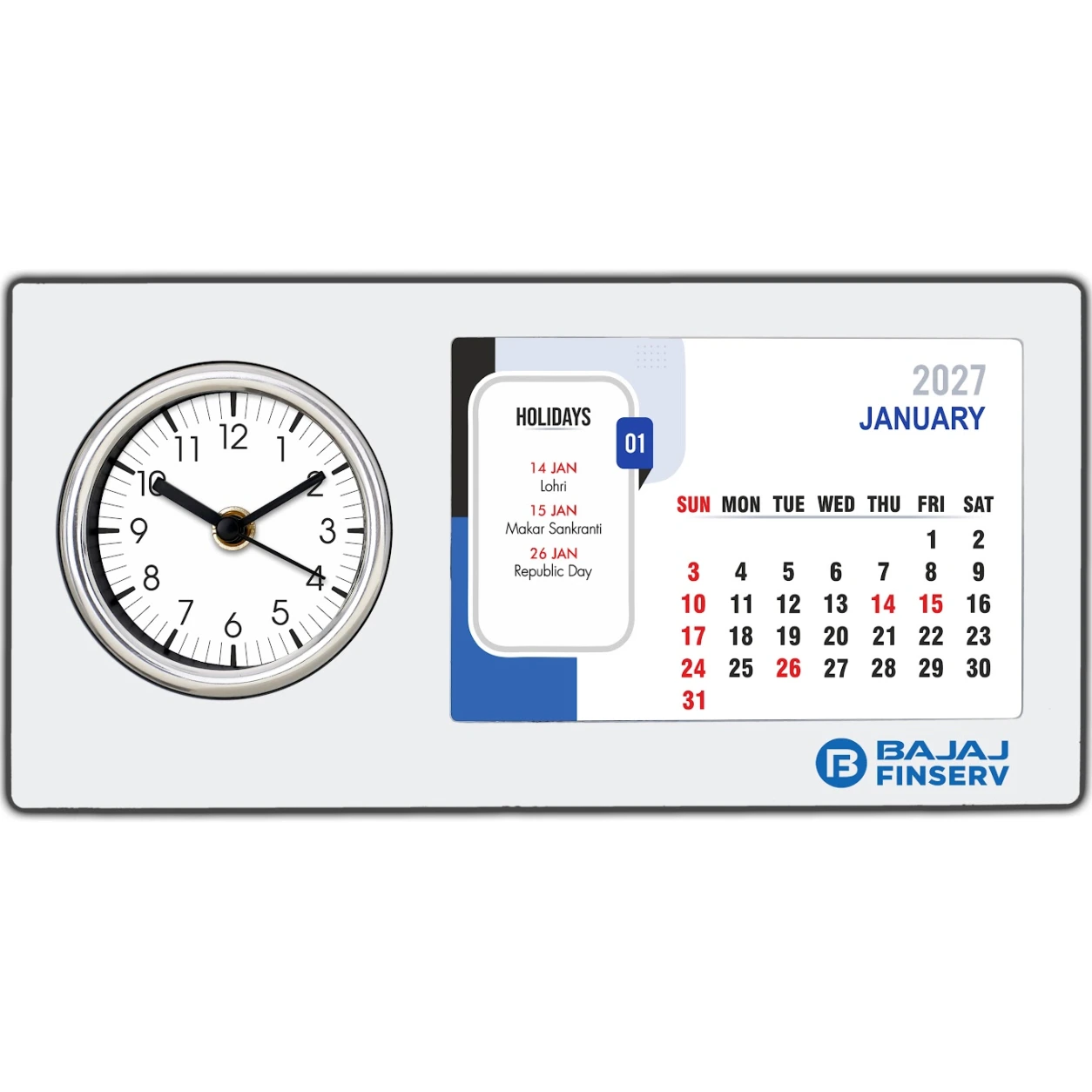 Model 109 table clock original calendar view with Bajaj Finserv sample branding