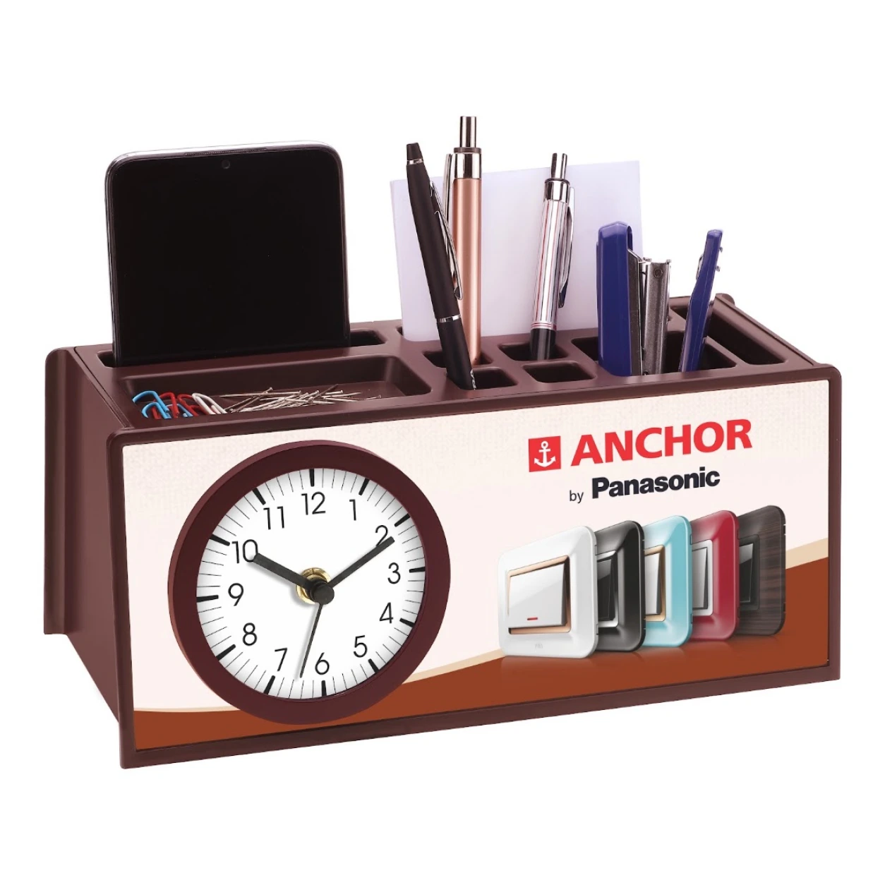 115 Multipurpose Desk Organiser with Clock – Brown — WC115