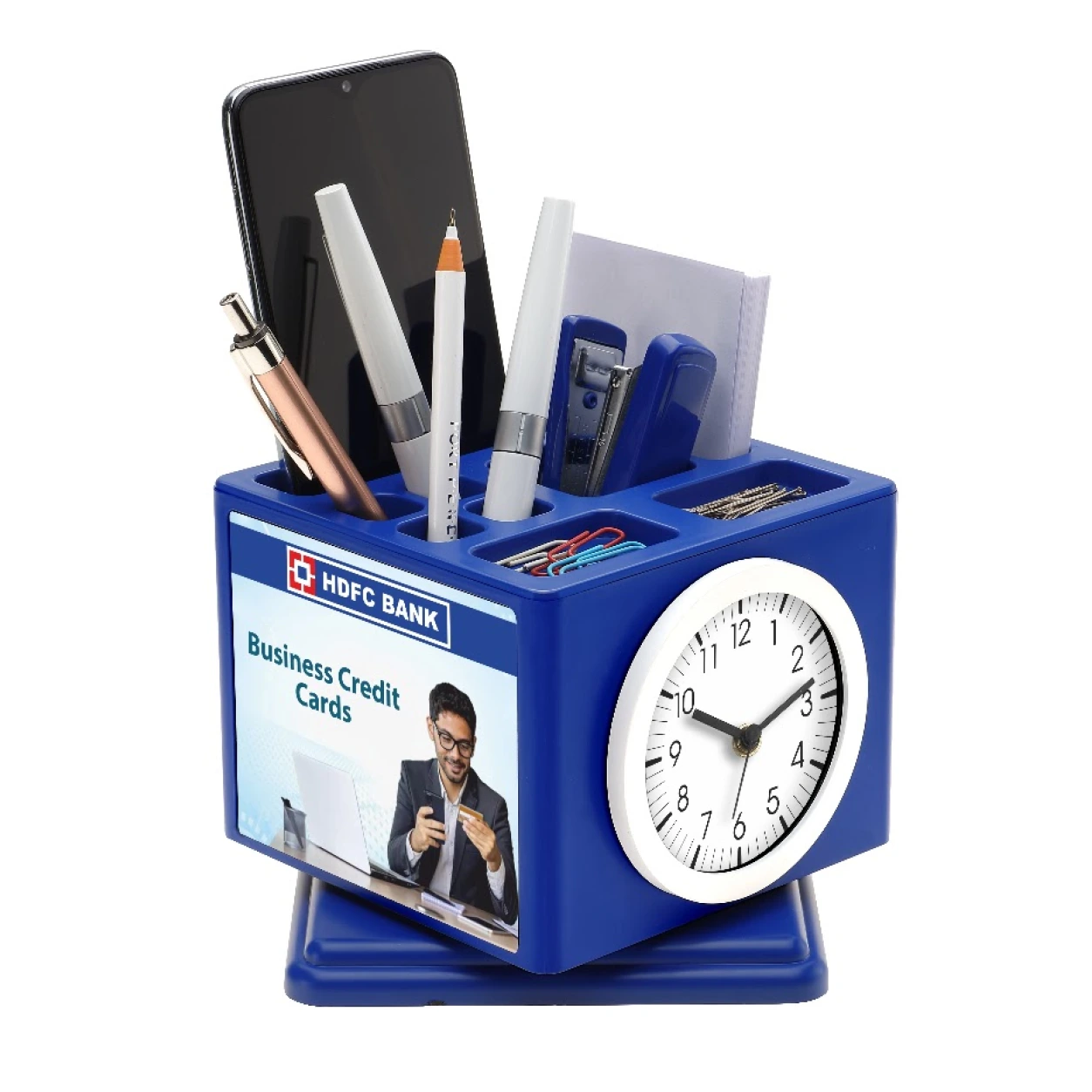 123–125 Cube Desk Organiser with Clock – Blue, Silver and Red — WC123