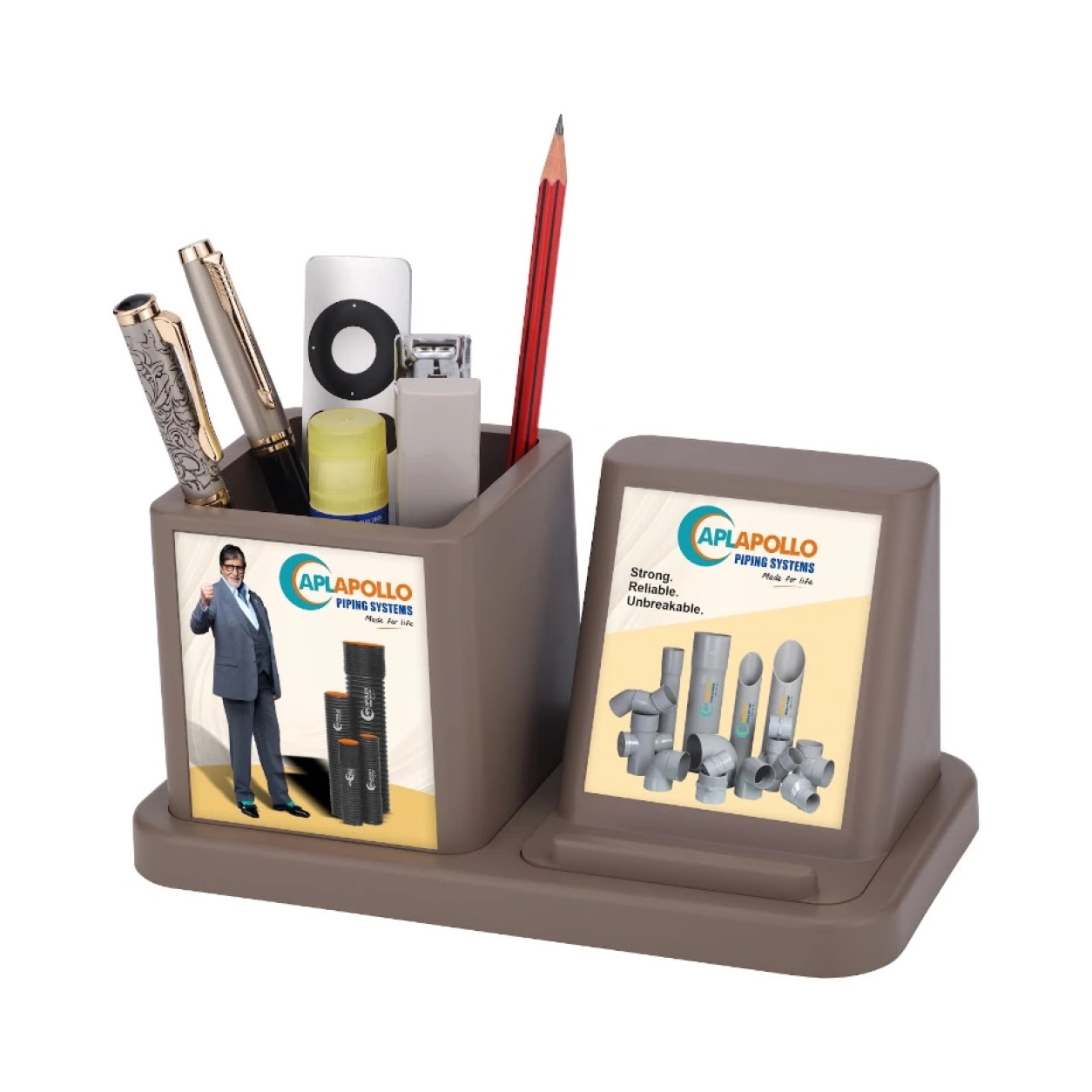 129–131 Pen and Mobile Desk Organiser – Taupe, Black and Silver — WC129