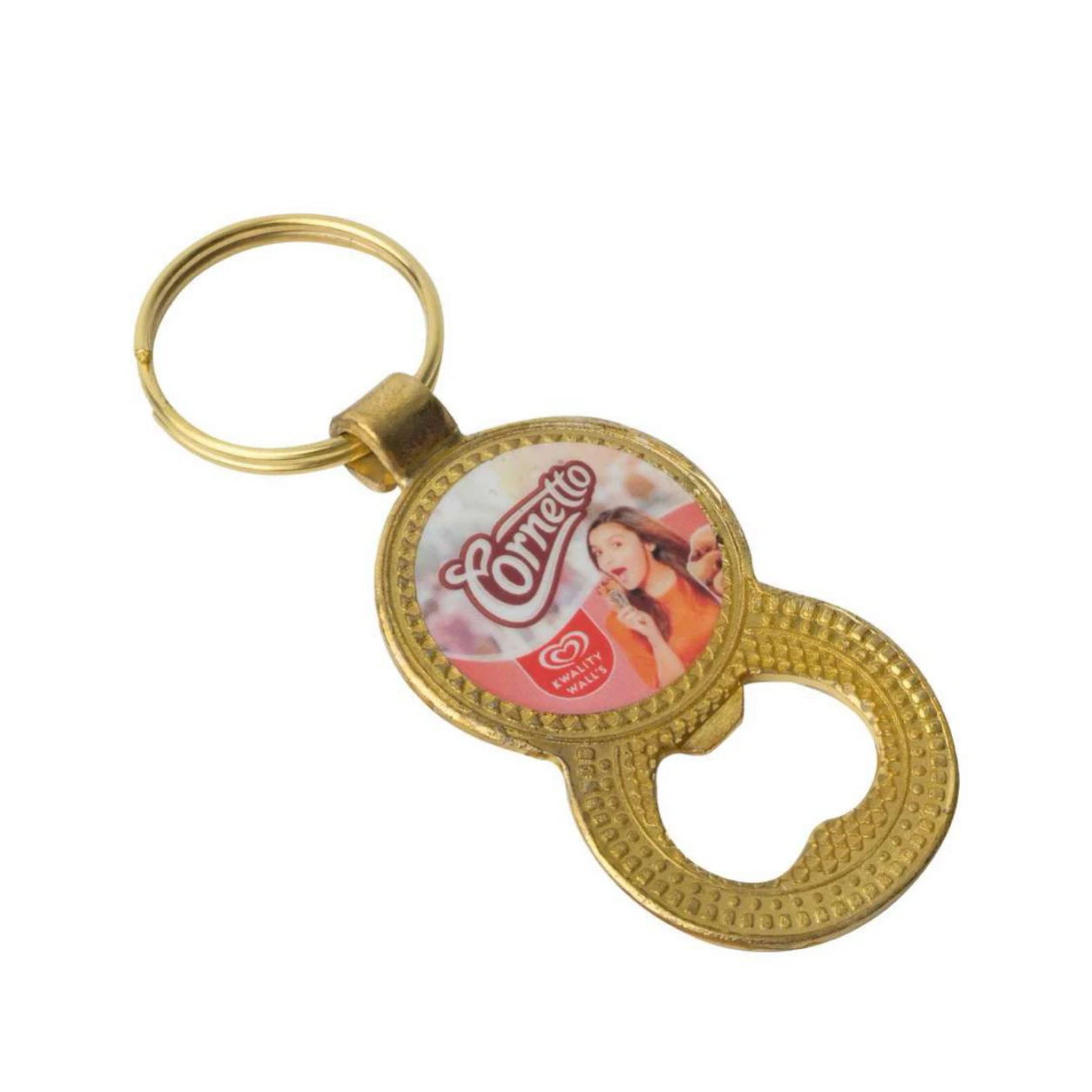 49 Round Photo Bottle Opener Golden-Finish Metal Keychain — 49